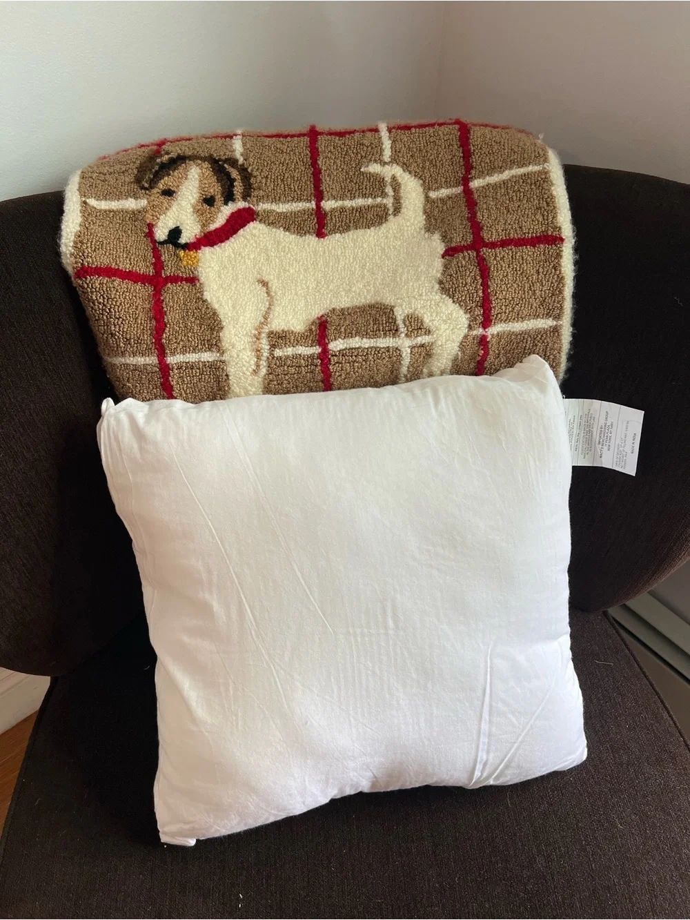 Beige & Red Plaid Jack Russell Terrier Dog Accent Pillow